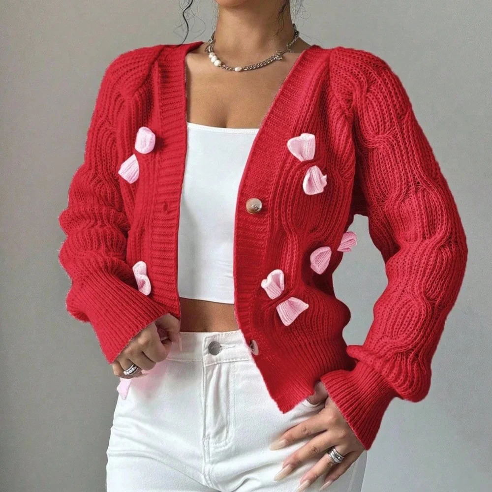 Classic Solid Bow Detail Button Down Fitted Cardigan
